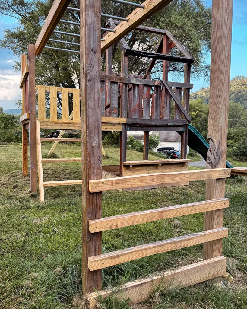 The first attempt at building a ladder out of wood for the monkey bars with rungs too close together