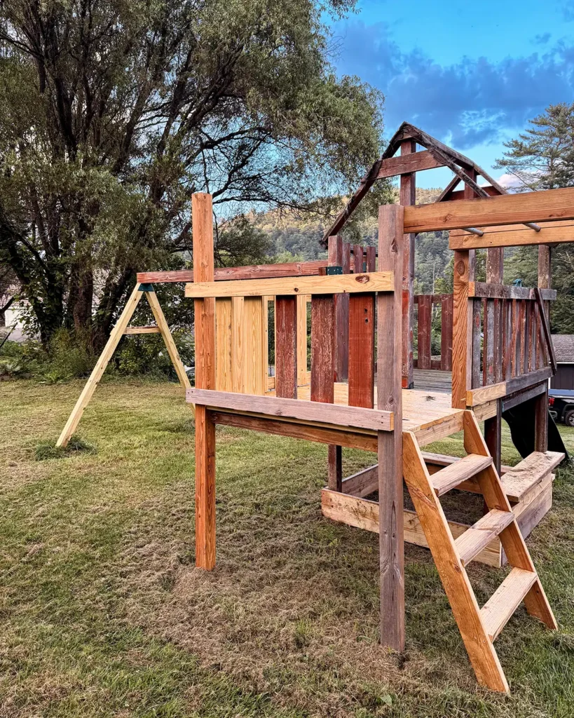 A playground deck ladder under its old location, underneath the monkey bars, which we deemed not a safe choice for the kids