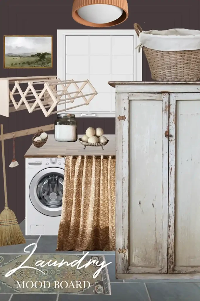 Laundry room design plan and mood board with a collage of items including a vintage cabinet, white washer and dryer, yellow curtain, vintage rug, drying rack, and other laundry room accessories with a dark purple painted wall, window over laundry machines, and old slate floor
