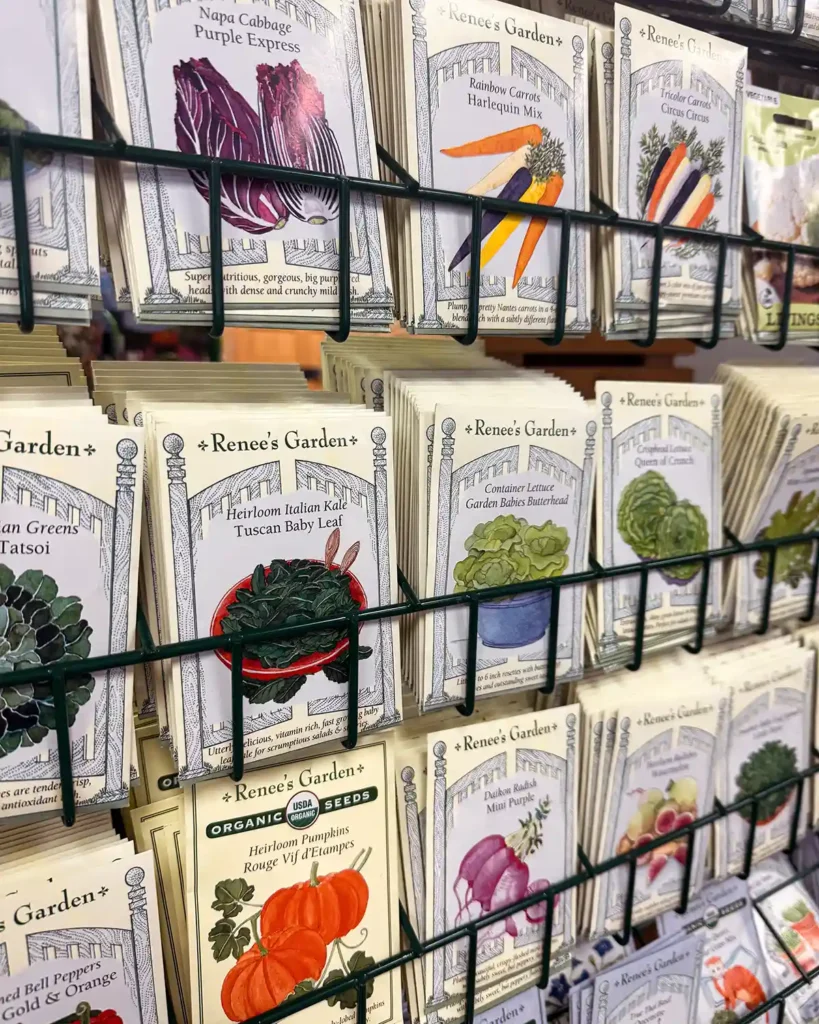 A seed rack of Renee's Garden seeds at a local nursery and garden shop