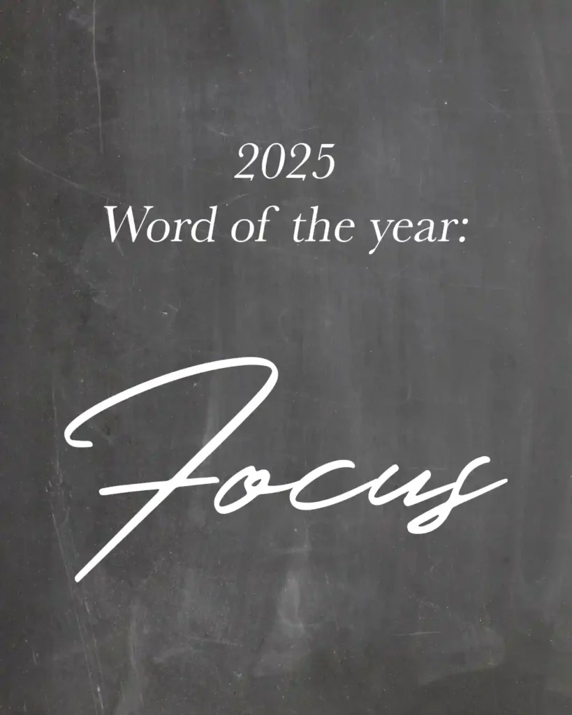 Text graphic with a chalkboard background and the words "2025 Word of the Year: Focus" layered in white lettering