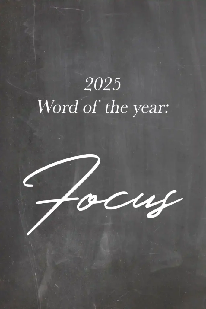 Text graphic with a chalkboard background and the words "2025 Word of the Year: Focus" layered in white lettering