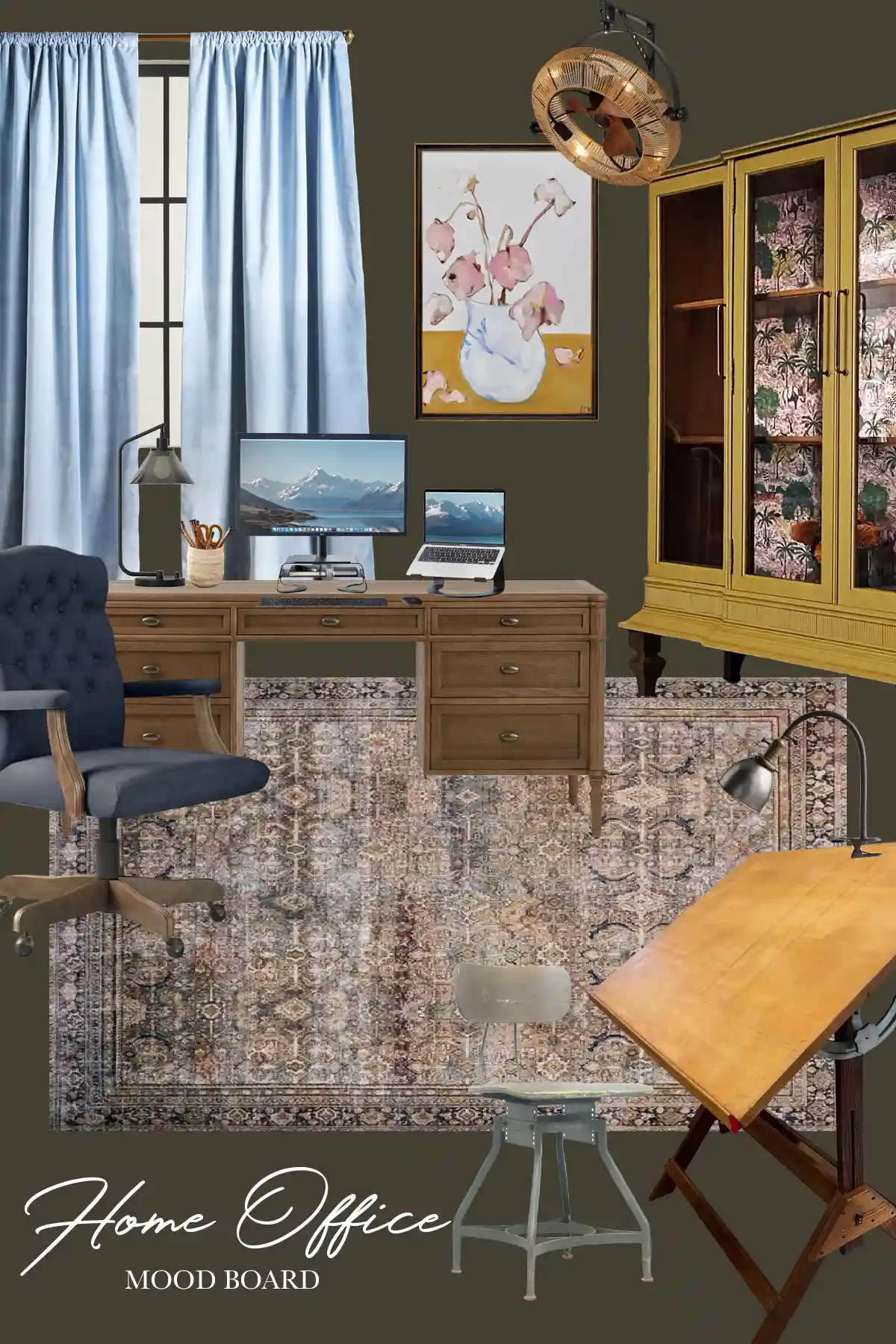 A home office design plan and mood board featuring a patterned rug, wood desk and drafting table, drafting stool, denim blue fabric office chair, light blue velevet curtains, mustard yellow cabinet, wall mounted fan, and large scale art of poppies against dark, army green walls