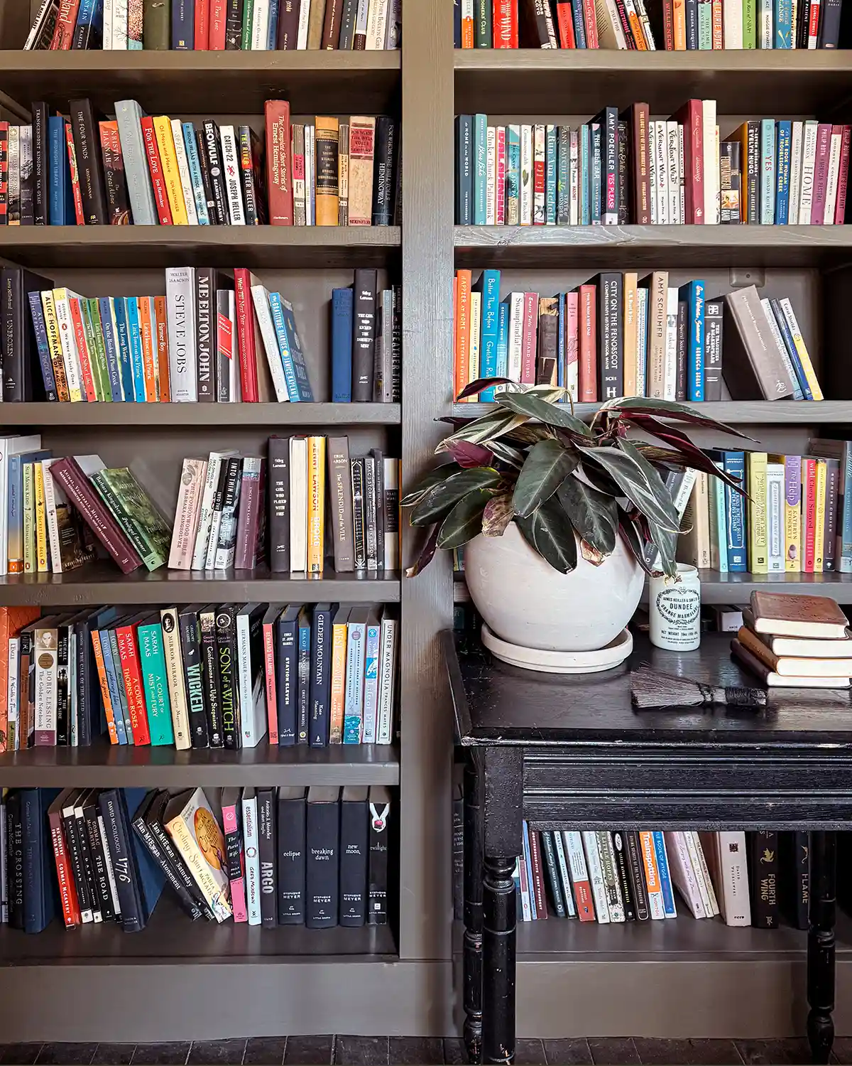 Dark green built-in bookcases filled with fiction books in both paperback and hardcover; a small black table sits in front of the shelves and holds a stack of books, potted houseplant, jar, and small brush