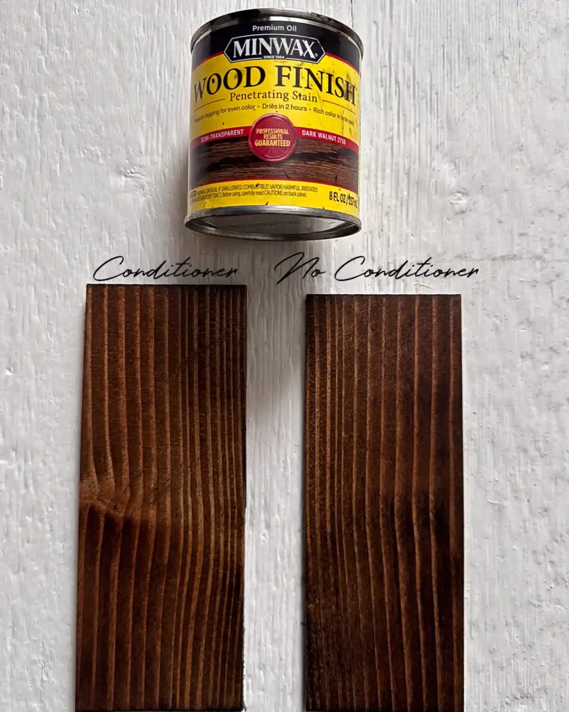 A sample size jar of Minwax Dark Walnut stain on two douglas fir wood samples; the sample on the left has wood conditioner under the stain and the sample on the right does not