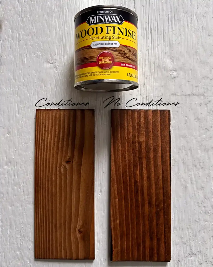 A sample size jar of Minwax English Chestnut stain on two douglas fir wood samples; the sample on the left has wood conditioner under the stain and the sample on the right does not