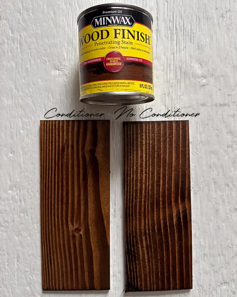A sample size jar of Minwax Espresso stain on two douglas fir wood samples; the sample on the left has wood conditioner under the stain and the sample on the right does not