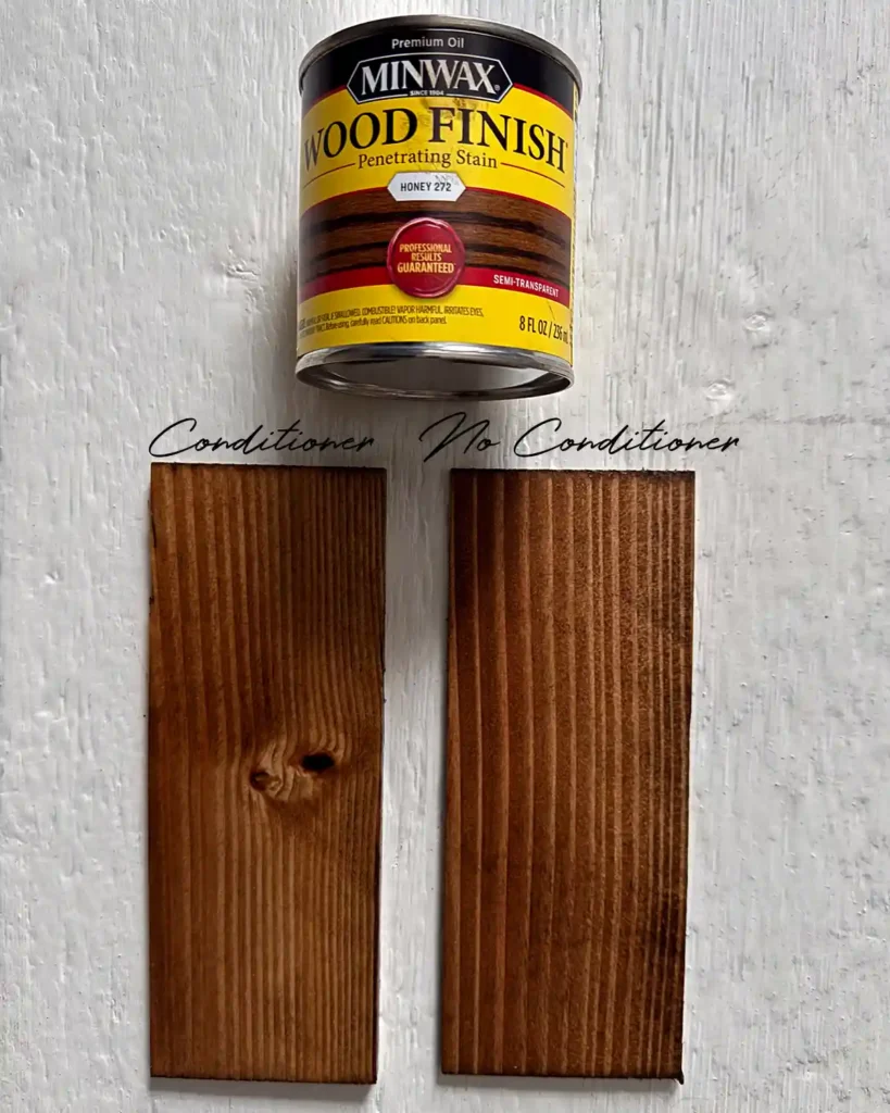 A sample size jar of Minwax Honey stain on two douglas fir wood samples; the sample on the left has wood conditioner under the stain and the sample on the right does not