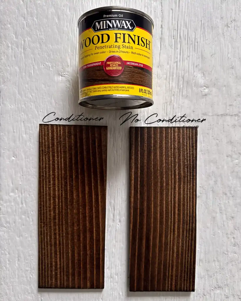 A sample size jar of Minwax Jacobean stain on two douglas fir wood samples; the sample on the left has wood conditioner under the stain and the sample on the right does not