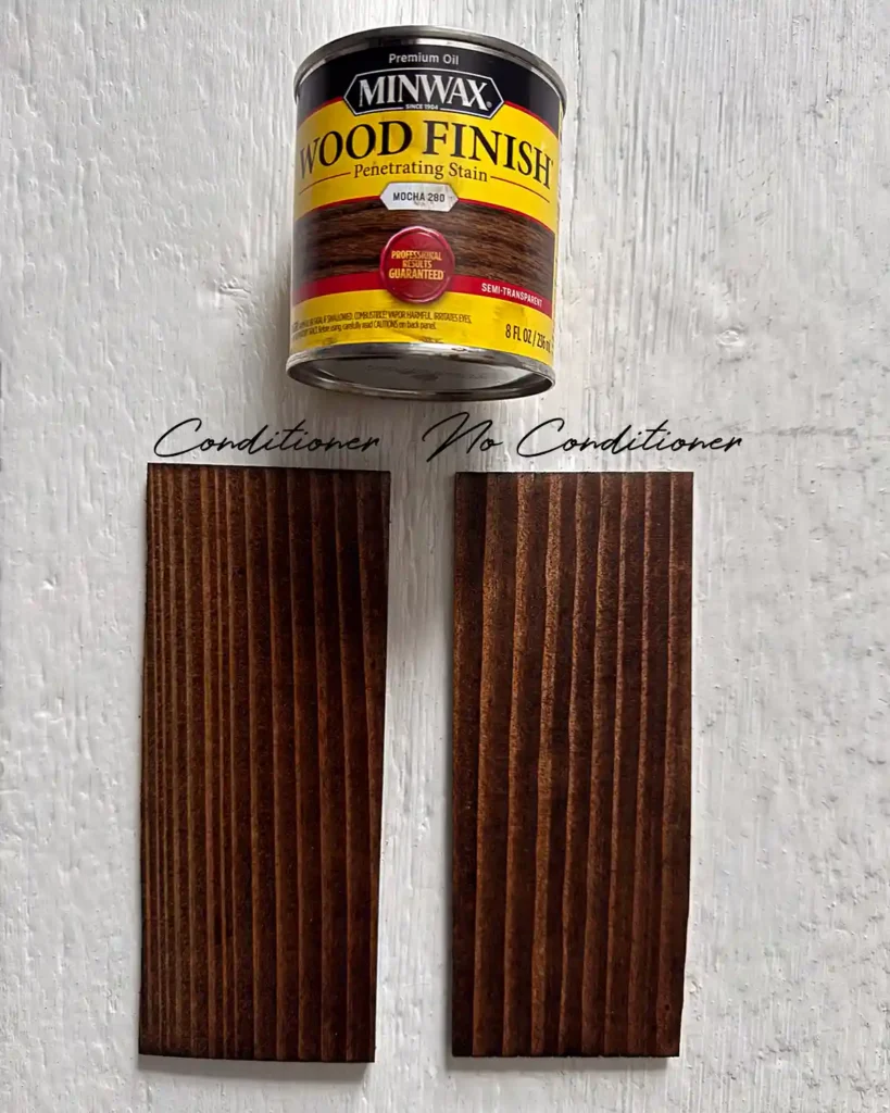 A sample size jar of Minwax Mocha stain on two douglas fir wood samples; the sample on the left has wood conditioner under the stain and the sample on the right does not