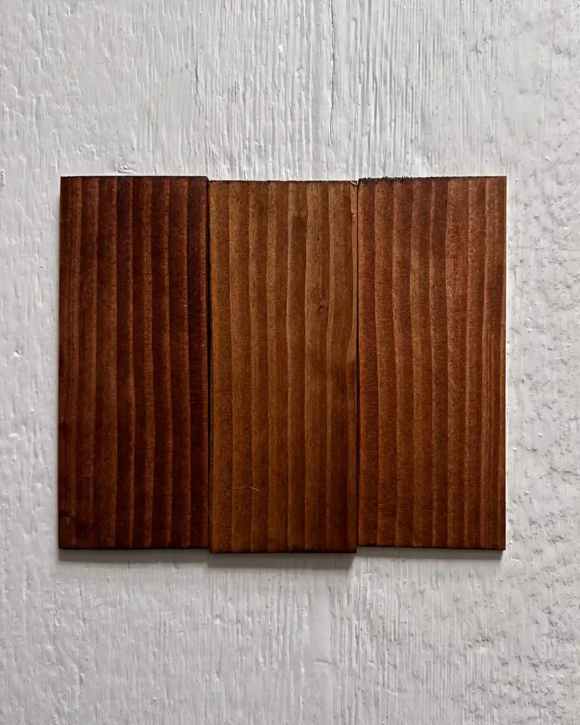 The three reddest of the dark Minwax stains on douglas fir wood samples