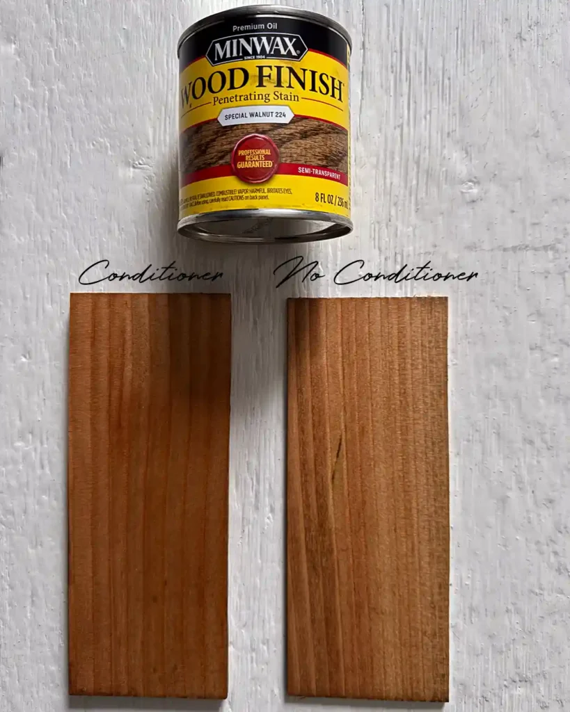 A sample size jar of Minwax Special Walnut stain on two douglas fir wood samples; the sample on the left has wood conditioner under the stain and the sample on the right does not