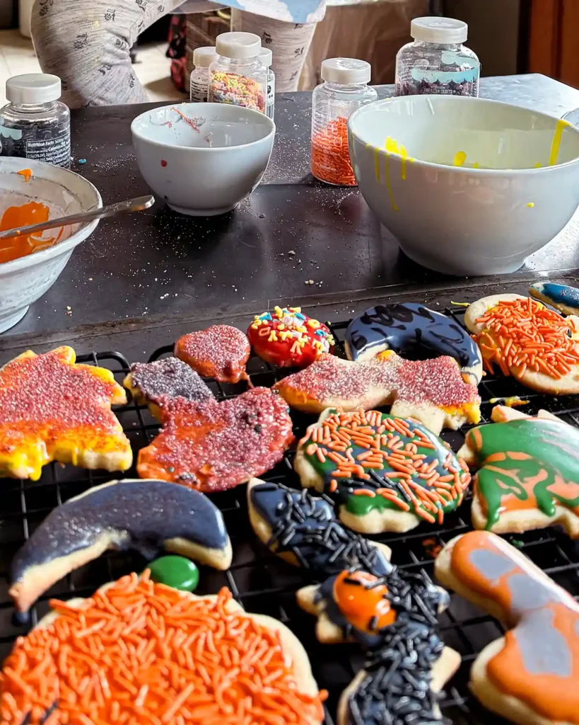 Decorating fall and Halloween shaped sugar cookies with kids with lots of colorful frosting and sprinkles