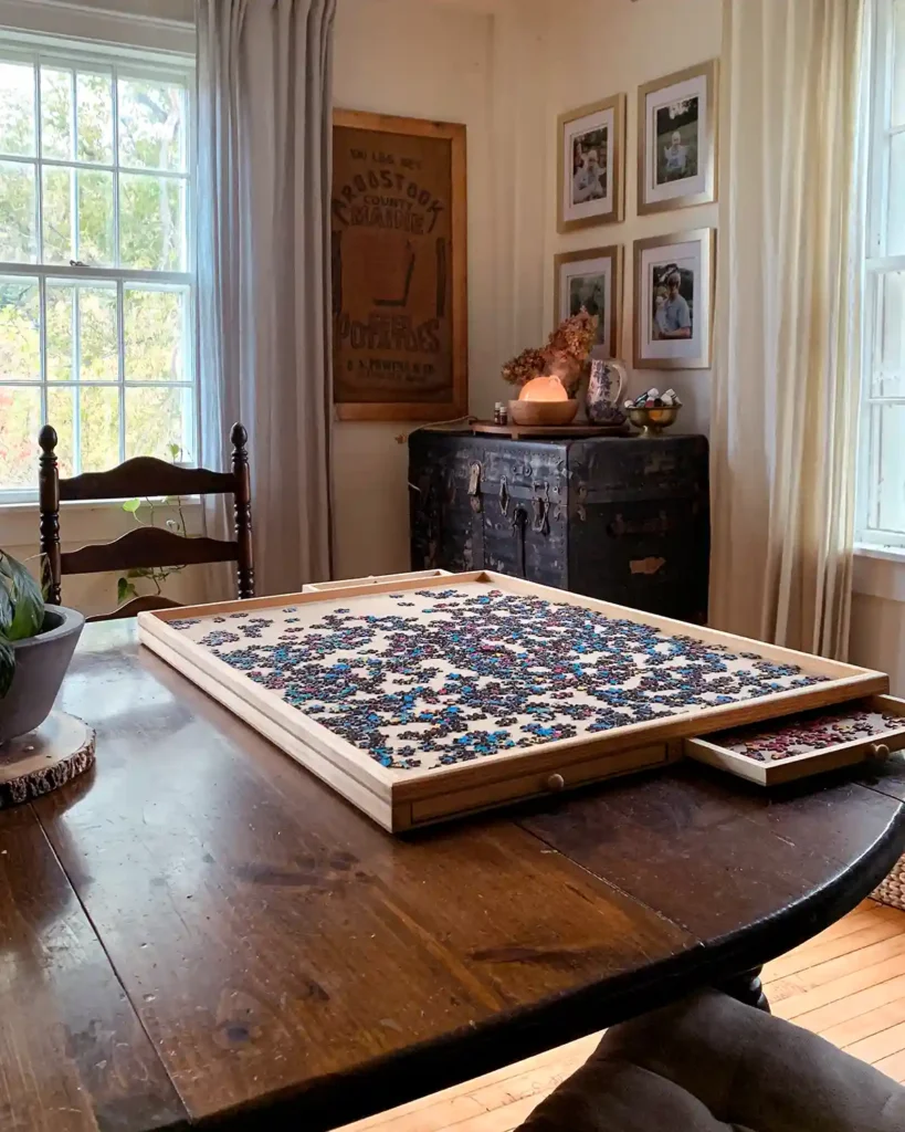 A puzzle board sitting on top of a dining room table with a fall puzzle in progress