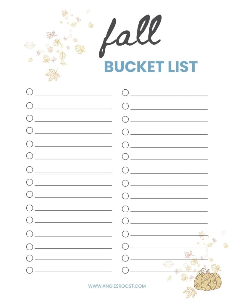 A fall bucket list printable in a dark green and light blue color schemed