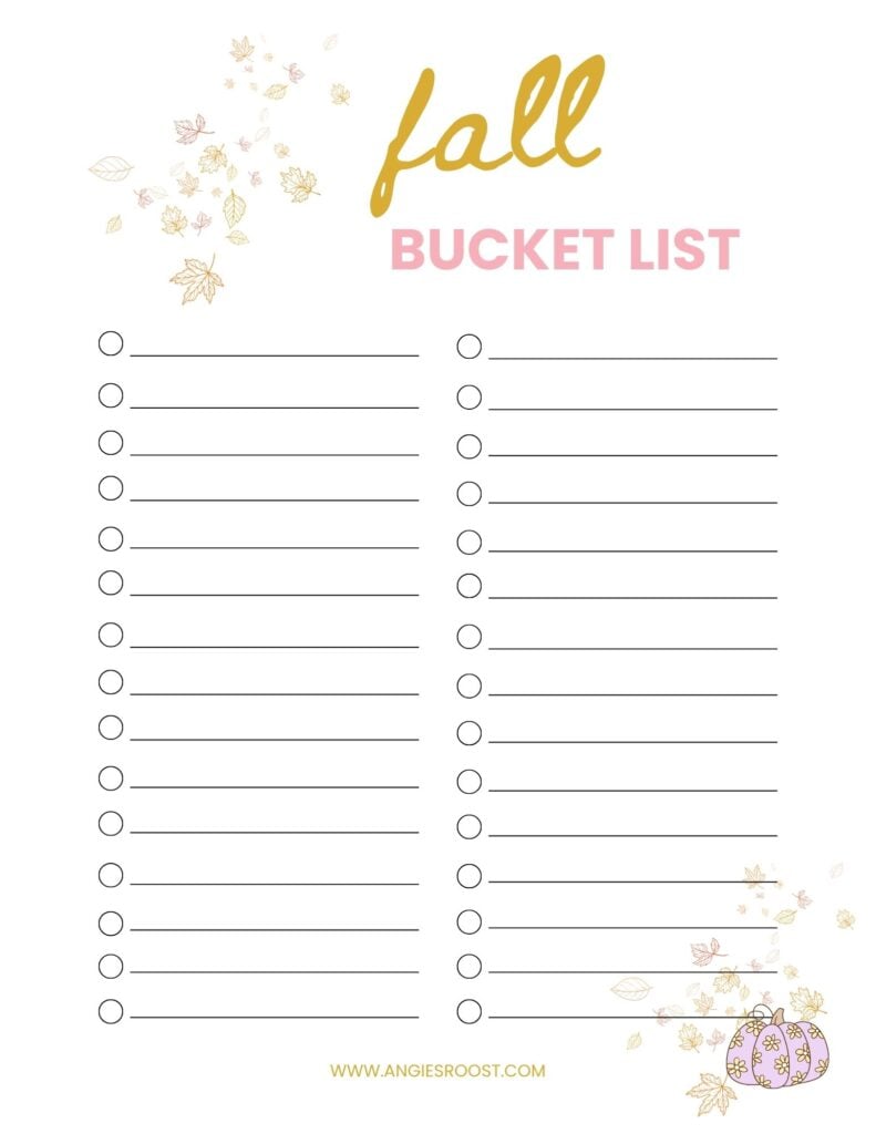A fall bucket list printable in a golden yellow and light pink color schemed