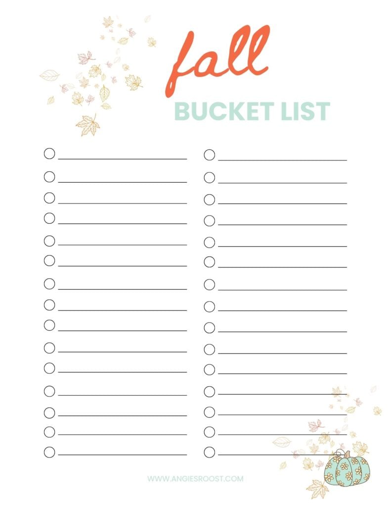 A fall bucket list printable in a red and light blue color schemed