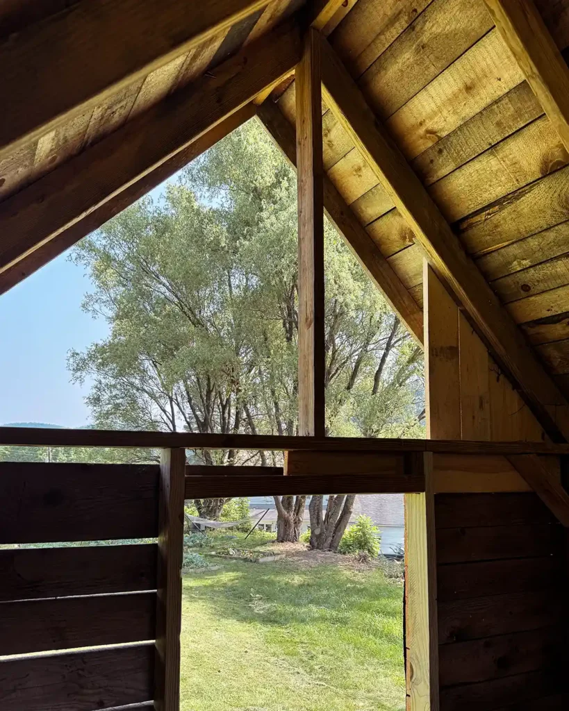 The gable end of a shed roof, looking from inside the shed towards the outside, showing just a middle support beam to the ridge beam and rafters in need of more framing before closing it in and siding