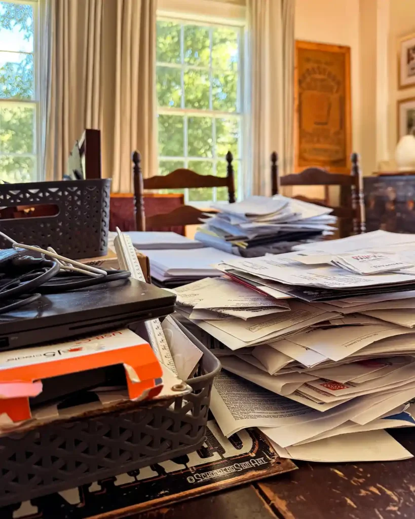 Sorting through all the important documents and separating it from the clutter from the decluttering work space set up on the dining room table