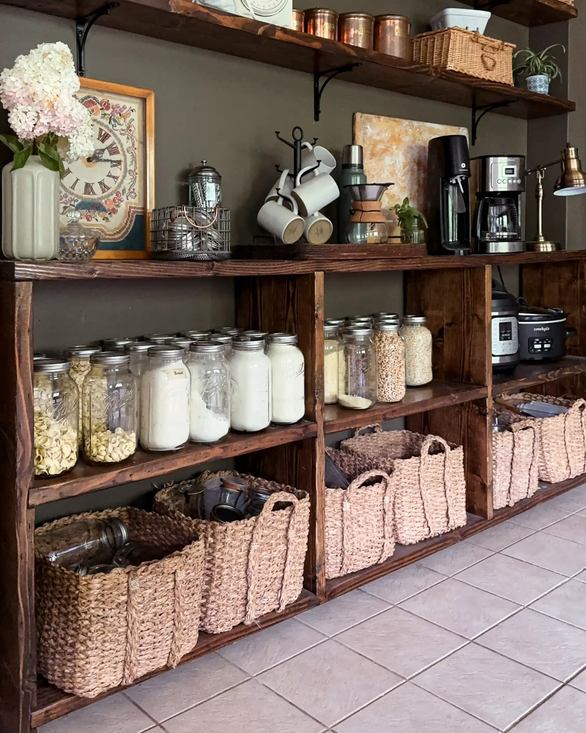 A DIY low bookshelf to serve as kitchen pantry storage