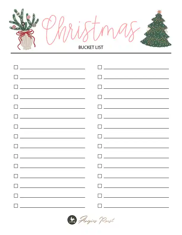 Christmas bucket list printable with space to fill in seasonal ideas and check boxes to check them off