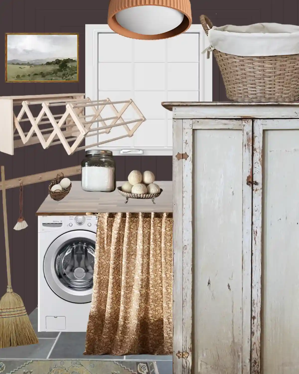 Laundry room design plan and mood board with a collage of vintage inspired accessories and dark brown walls with purple undertones