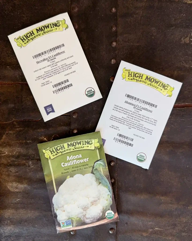 Cauliflower seed packets for the 2026 planting season featuring Skywalker Cauliflower, Adona Cauliflower,  Alcantara Cauliflower