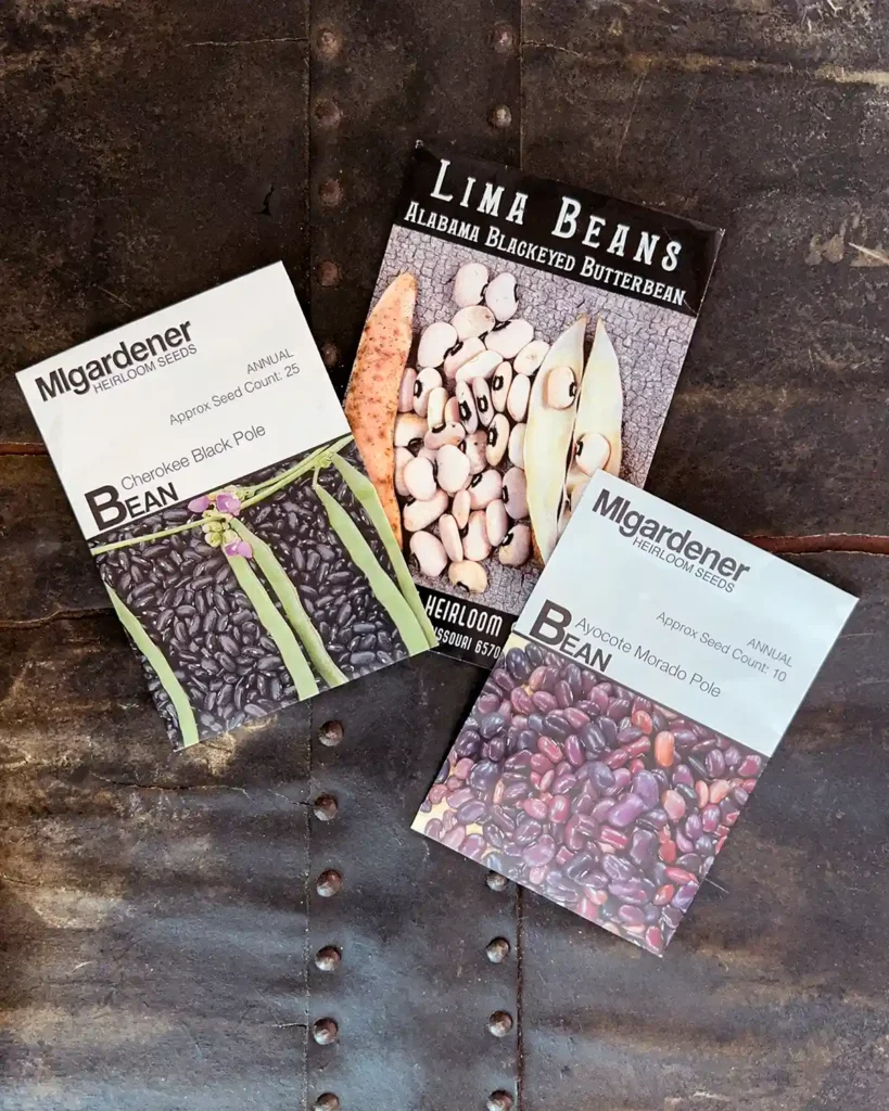 Dry pole bean seed packets for the 2026 planting season featuring Cherokee Black, Alabama Blackeyed Butterbean, and Ayocote Morado Pole Beans