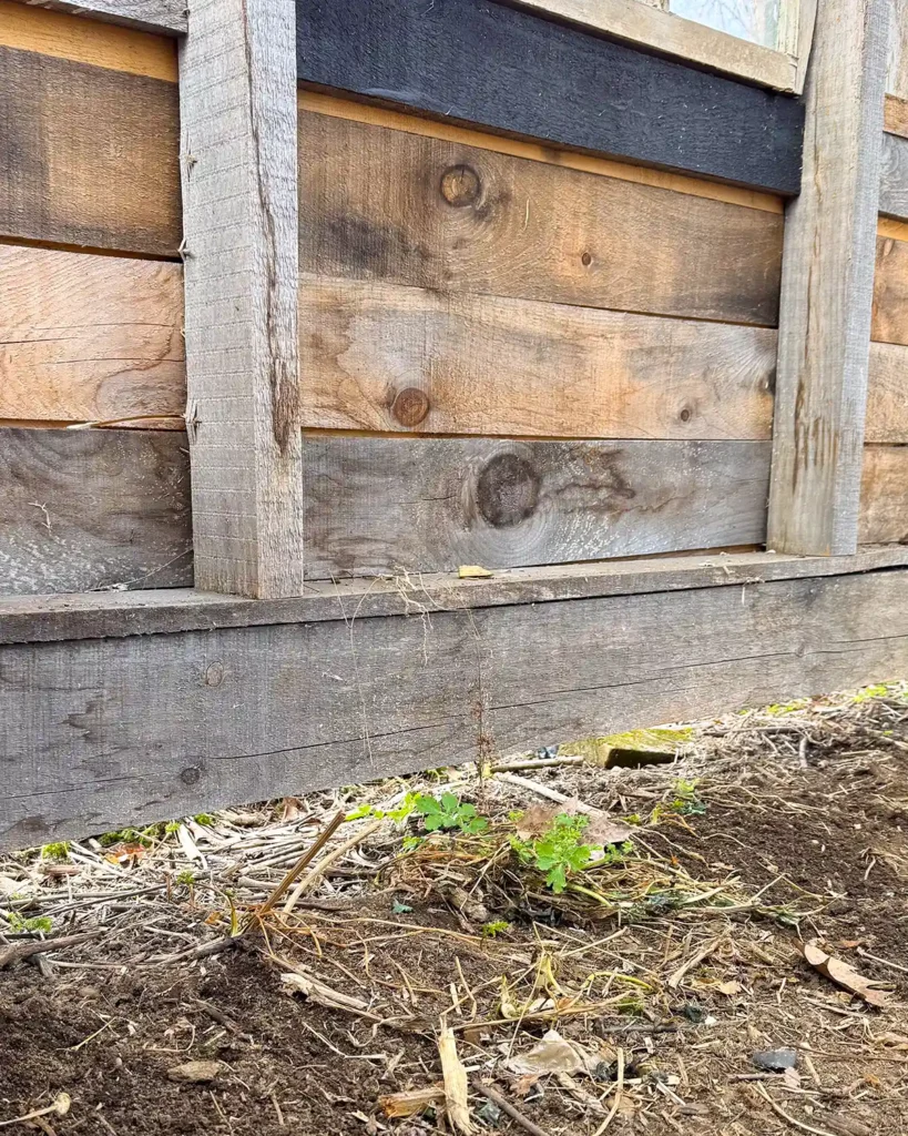 A gap underneath a greenhouse structure that needs to be critter-proofed