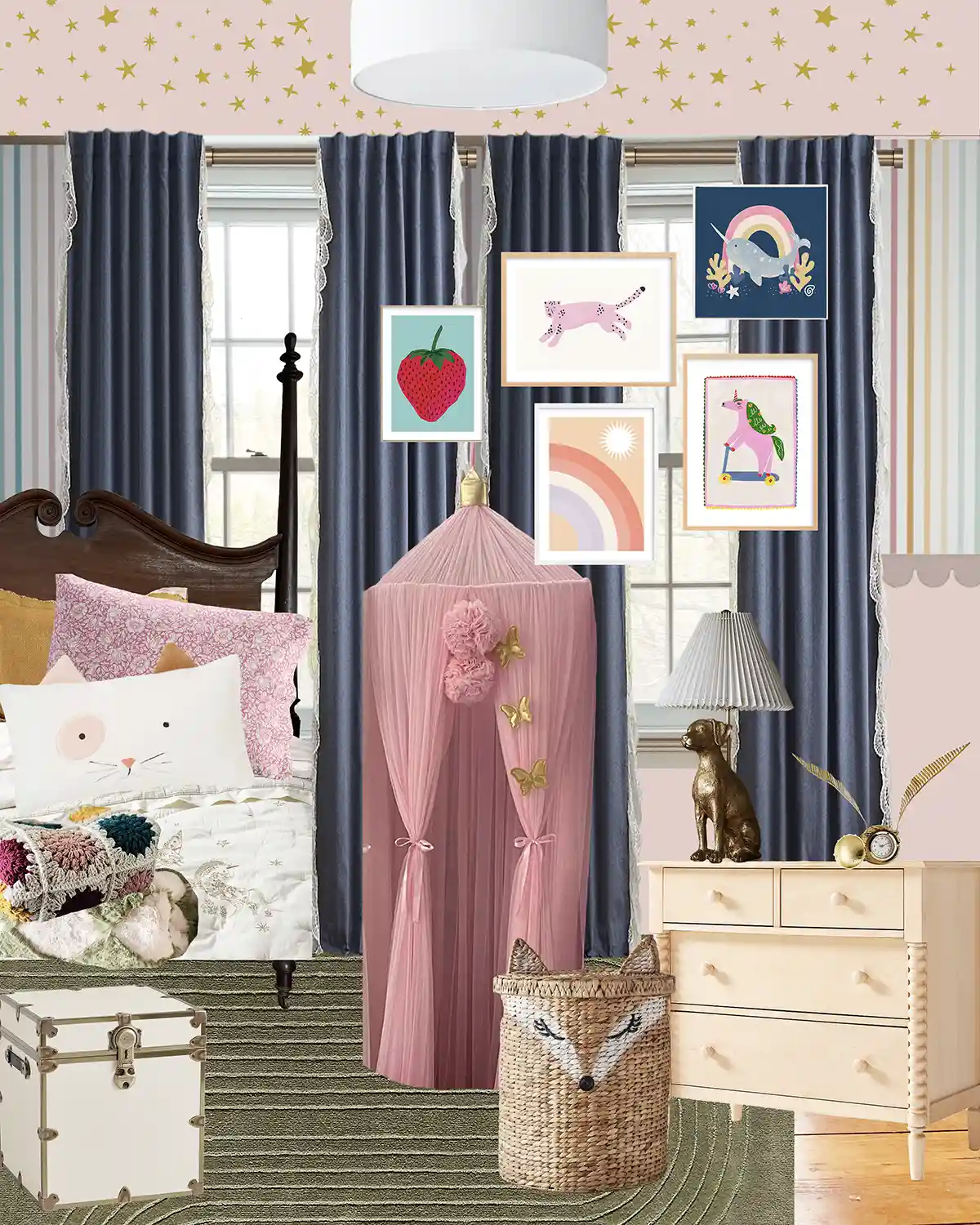 A girls shared bedroom design plan with rainbow striped wallpaper, scallop trim, vintage twin beds, dark green rug, pink canopy, colorful kid art, patterned pillows including a cat pillow, fluffy blankets, lace trimmed curtains, and a pink ceiling with gold stars