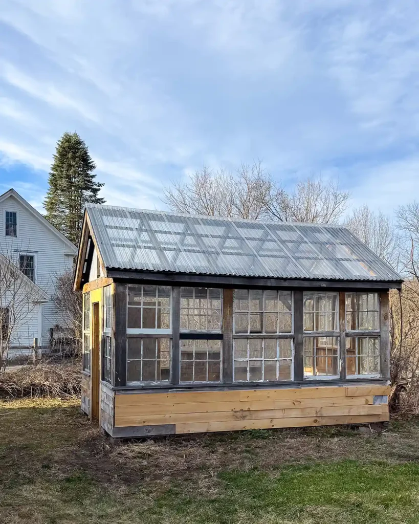 Exterior of a recycled window greenhouse in building progress, the siding is partially on and the entire structure is in need of paint