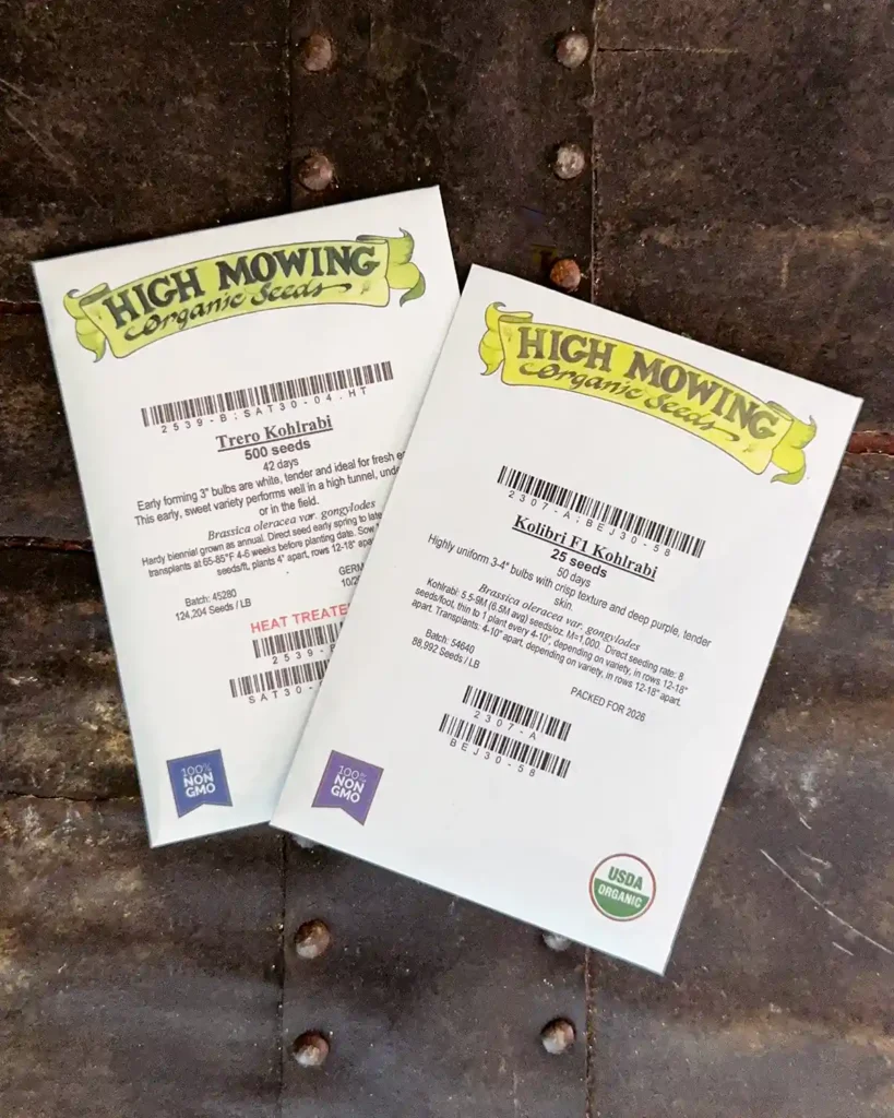 Kohlrabi seed packets for the 2026 planting season featuring Trero Kohlrabi and Kolibri Kohlrabi