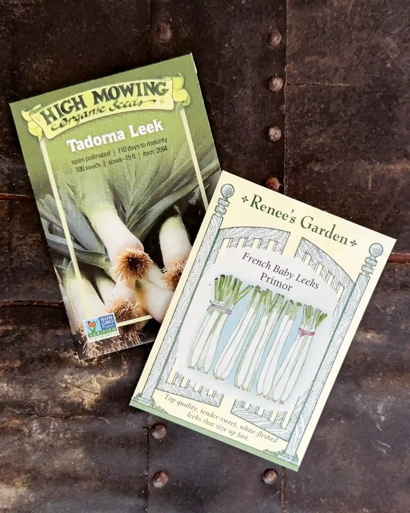 Leek seed packets for the 2026 planting season featuring Tadorna Leek and Primor French Baby Leeks