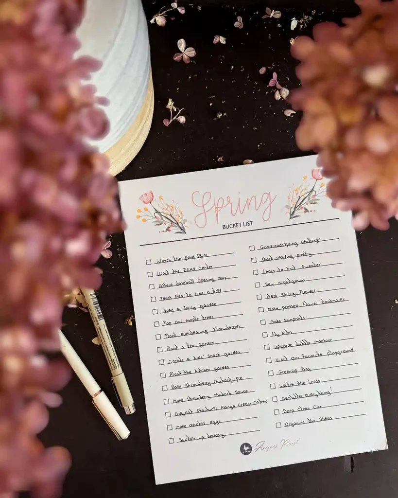 Our family's spring 2026 bucket list sheet filled out with lots of activities, tasks, and goals for the season