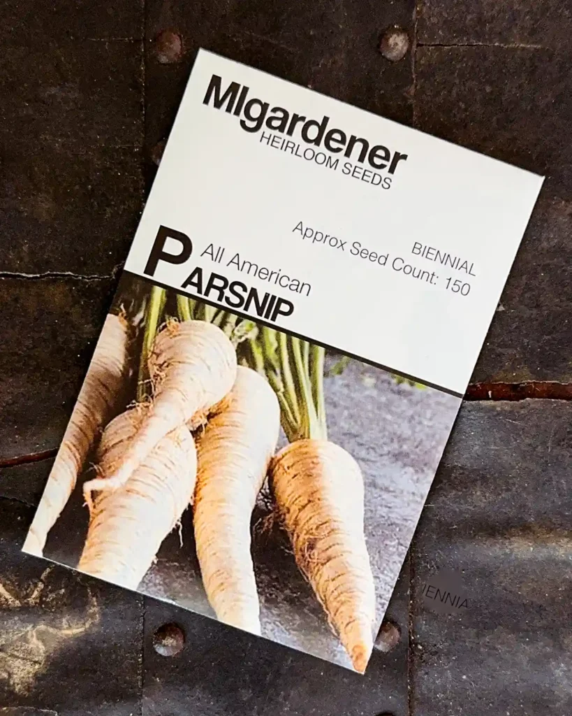 Parsnip seed packets for the 2026 planting season featuring All American Parsnip