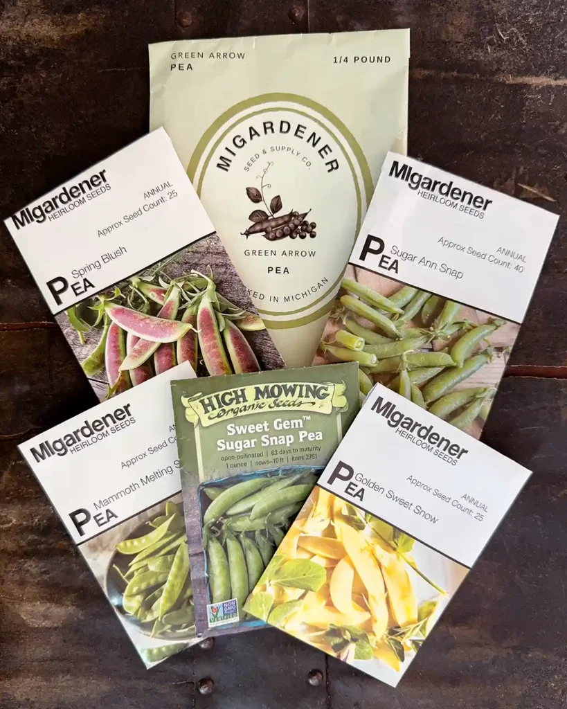 Pea seed packets for the 2026 planting season featuring Green Arrow, Spring Blush, Sugar Ann Snap, Mammoth Melting Snow, Sweet Gem Sugar Snap, and Golden Sweet Snow