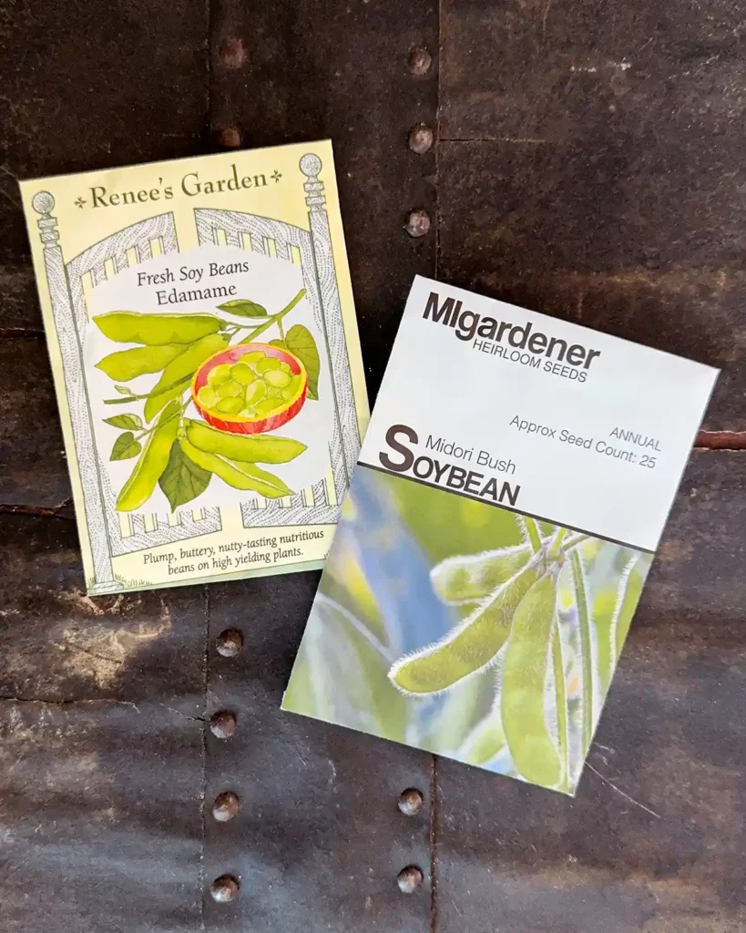 Soy bean (edamame) seed packets for the 2026 planting season featuring Edamame and Midori Bush Soybean seeds