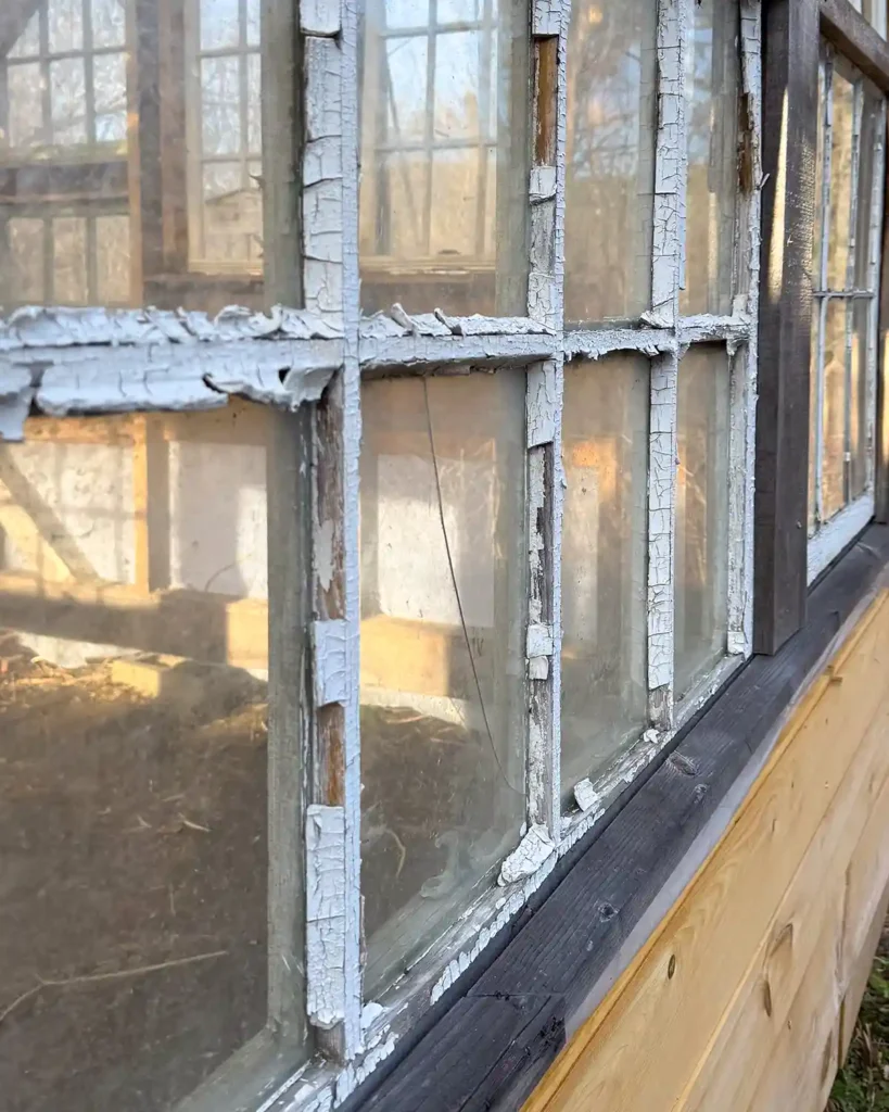 An 8-pane window sash with chippy paint that's in need of glazing and repairs