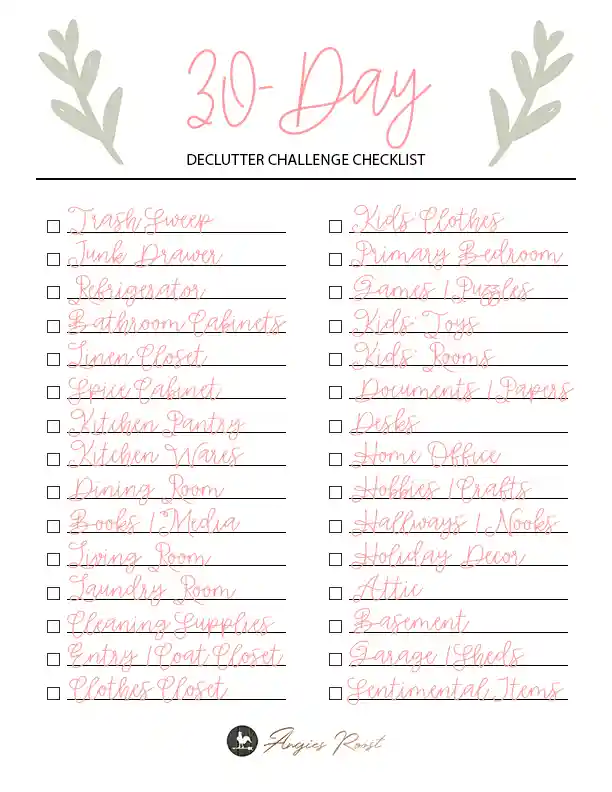 The 30-day declutter challenge PDF checklist document filled in with each decluttering task for each of the thirty days