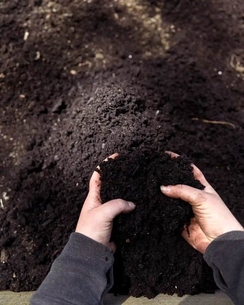 Adding organic matter to a garden bed by scooping it by hand into the bed