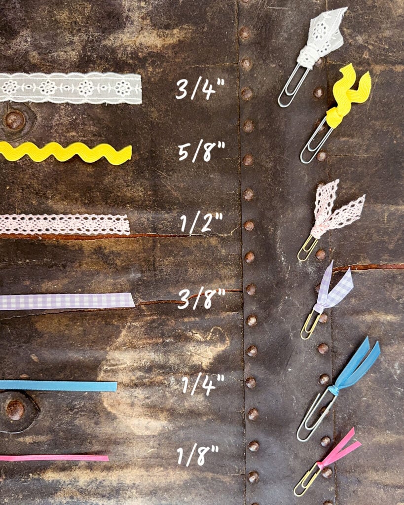 Comparing different ribbon widths including the following sizes: 3/4", 5/8", 1/2", 3/8", 1/4", and 1/8"