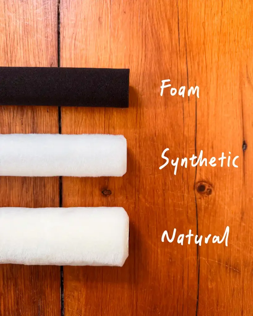 Three different paint roller cover materials including a foam roller cover (top), a synthetic roller cover (middle), and a natural fiber roller cover (bottom)