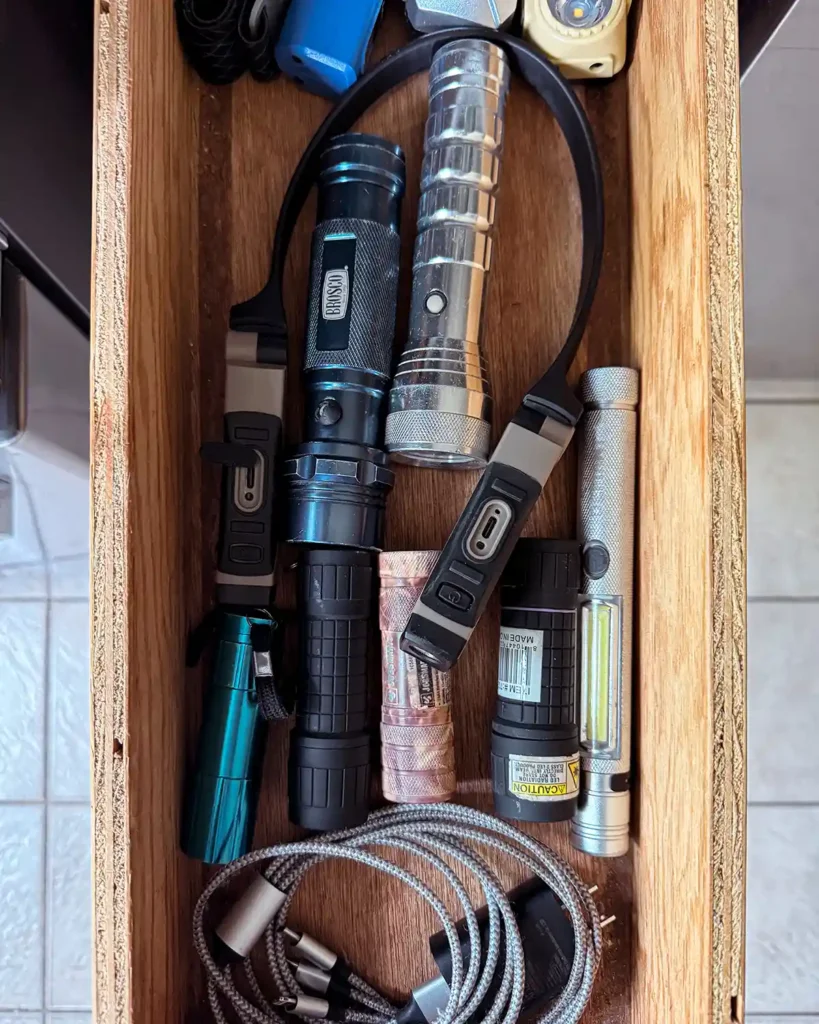 Junk drawer after decluttering with a single, universal charger, a few flashlights and a couple of headlamps