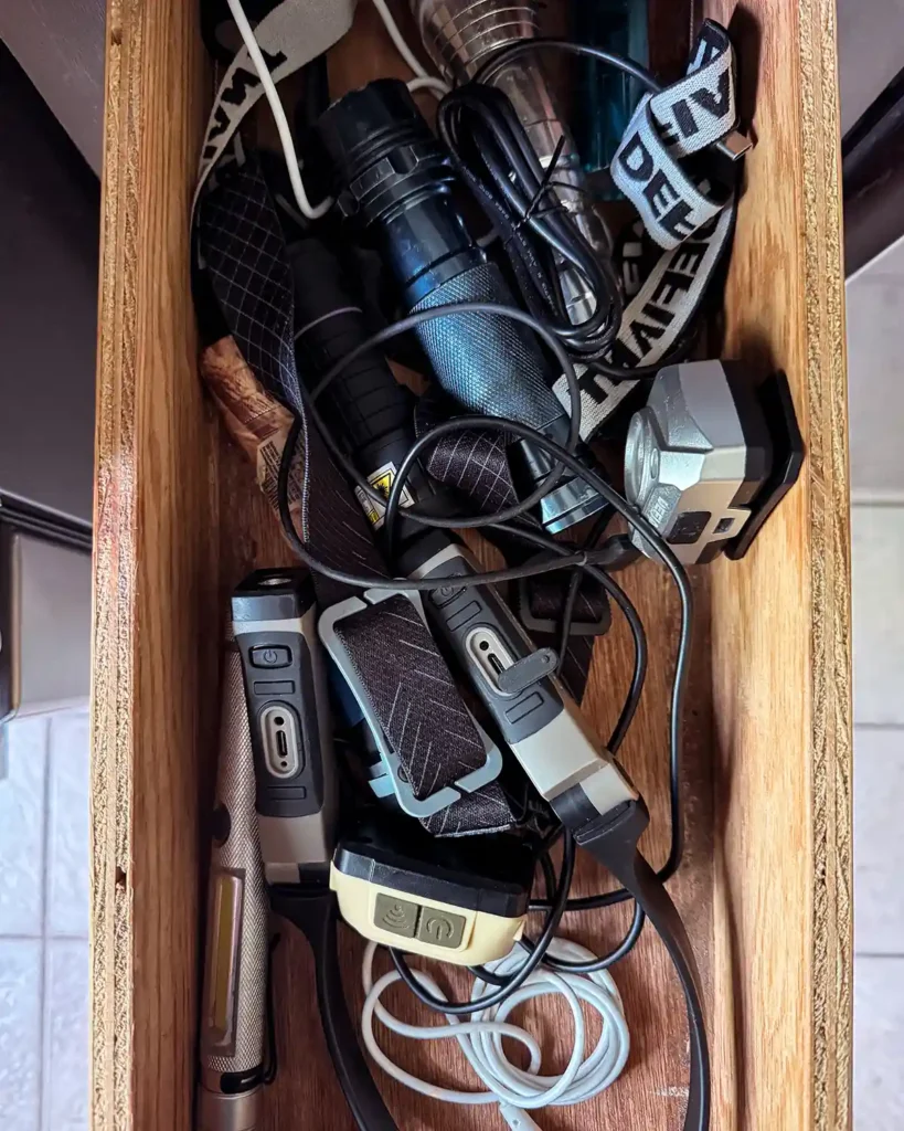 A messy junk drawer before decluttering it, filled with flashlights, miscellaneous cords, headlamps, a few scrub brushes, and more