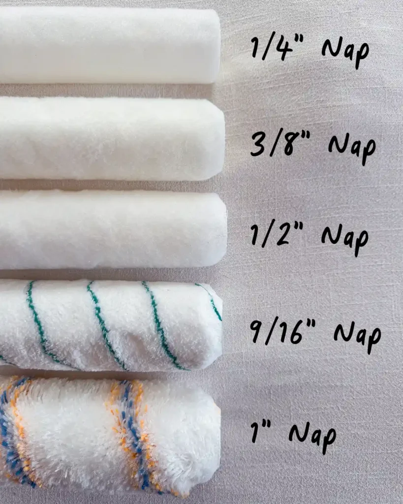 A variety of roller naps with sizes including 1/4", 3/8", 1/2", 9/16", and 1"