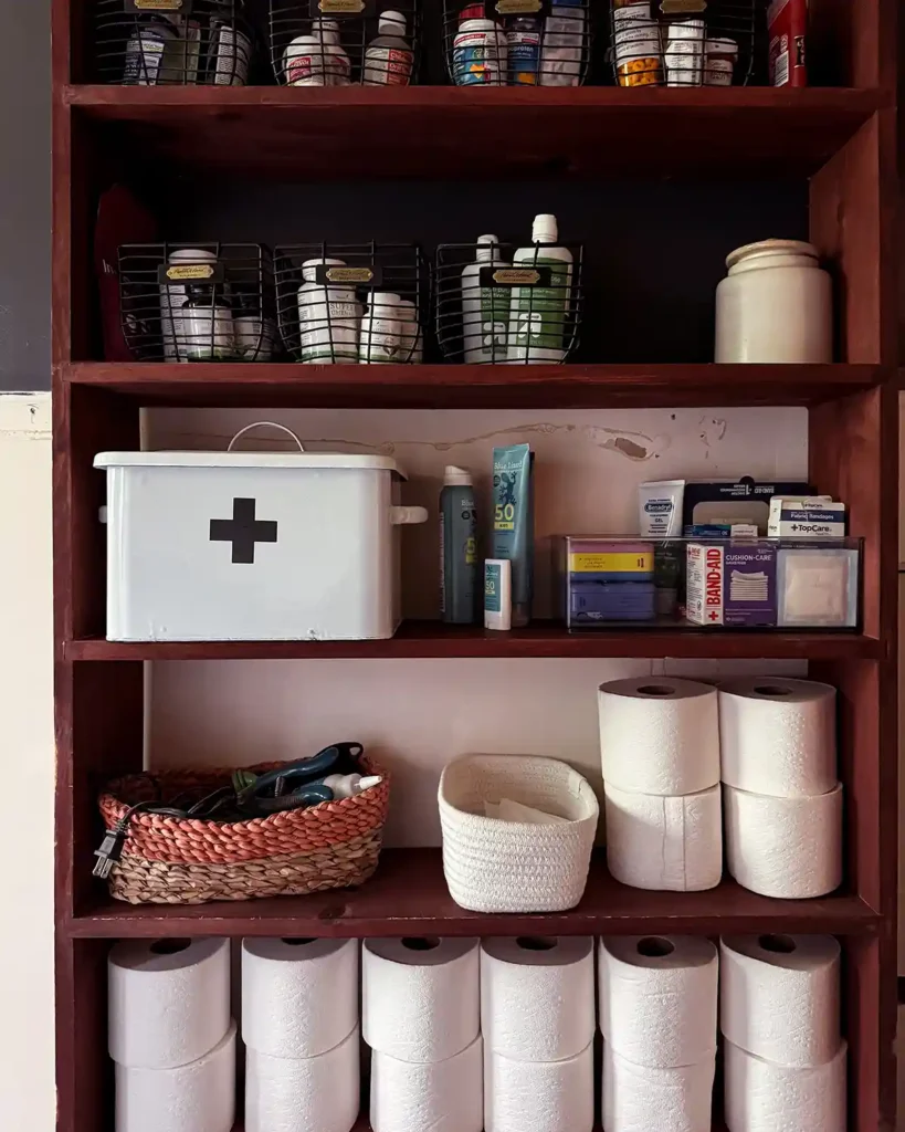 Bathroom storage shelves filled with toilet paper, first aid supplies, sunscreen, bandages, vitamins, medications, and more