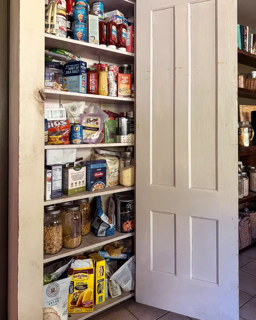 A vintage jelly cabinet used as a kitchen pantry, filled with all kinds of pantry items including crackers, cereal, nuts, canned goods, jars of flour, and more