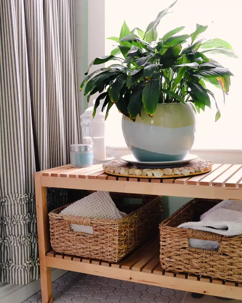 A light wood Ikea bench in a bathroom with a pair of woven baskets for storing white towels and bathmat, a plant sitting on top of the bench in front of a window, and a ticking stripe shower curtain with a ruffle hanging beside the bench
