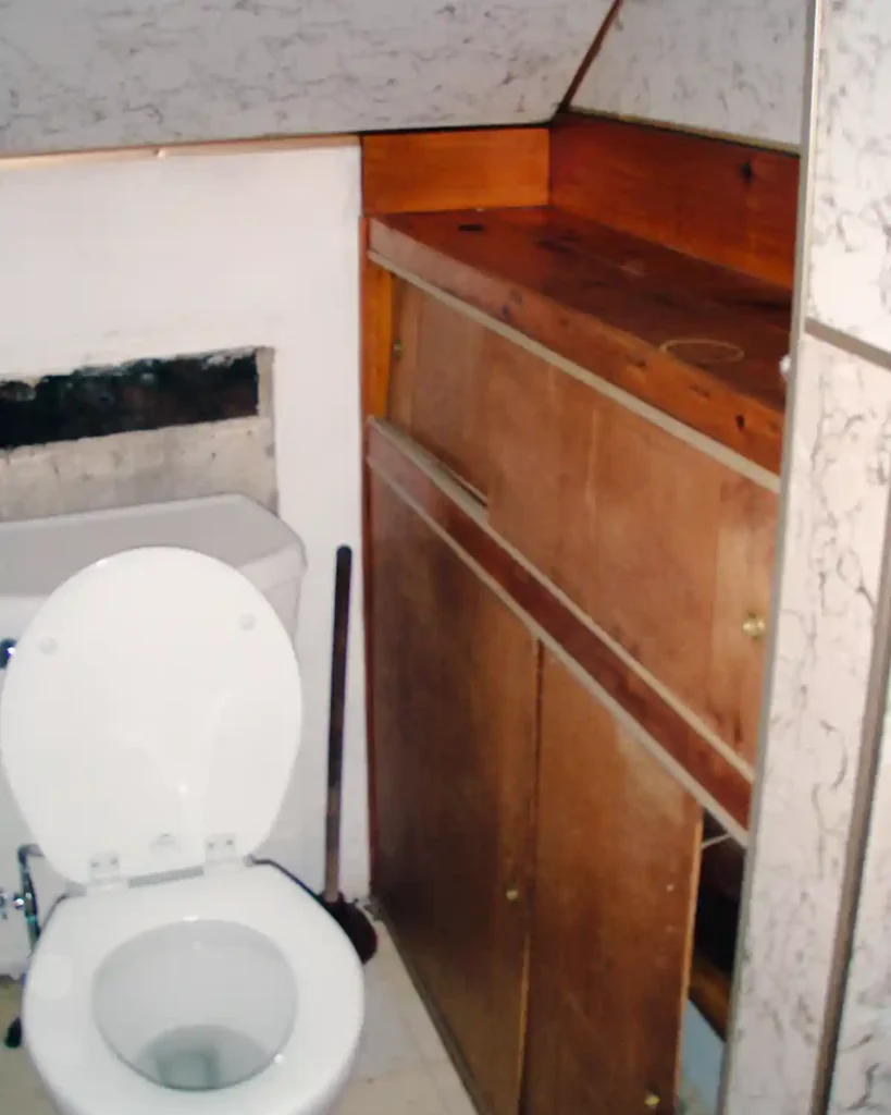 A toilet nook with vinyl clad walls, a slanted ceiling, and a wooden built-in-cabinet beside the toilet all in various stages of disrepair and in need of a renovation