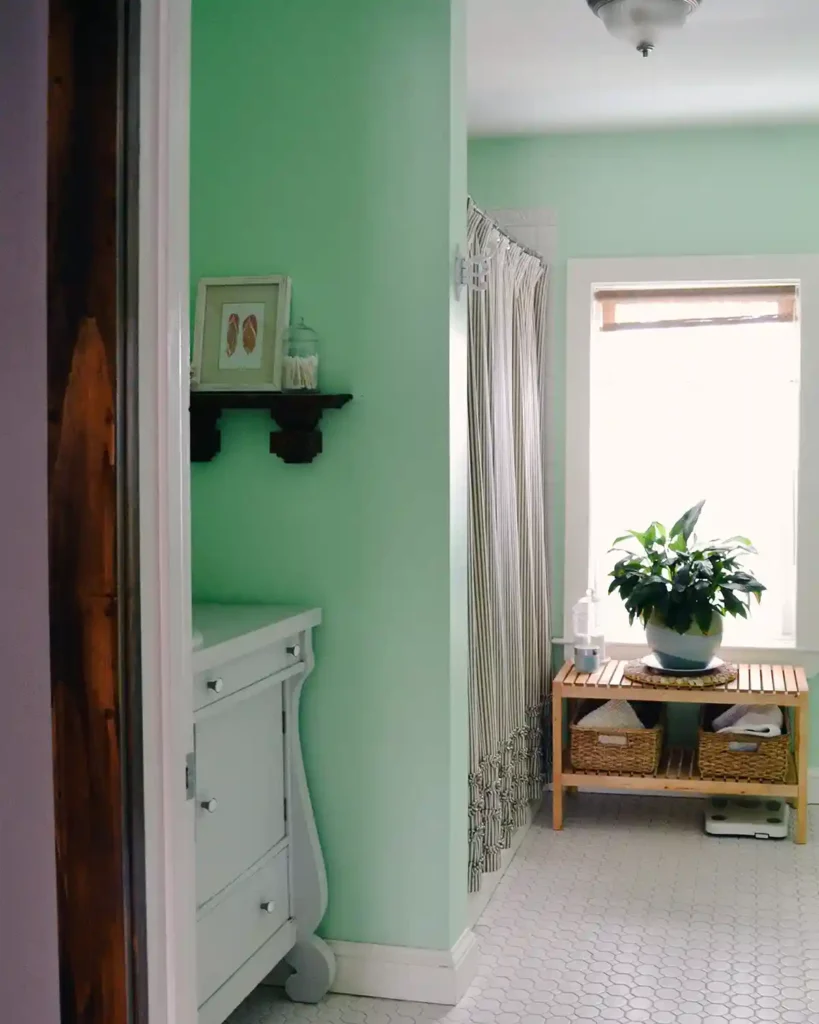 A cottage-style bathroom renovation completed with mint green walls, ticking striped shower curtain, white trim, white hex tile floor, a vintage buffet turned into a vanity painted a light gray, and a window at the end of the bathroom next to the tub and shower with a storage bench and plant underneath it